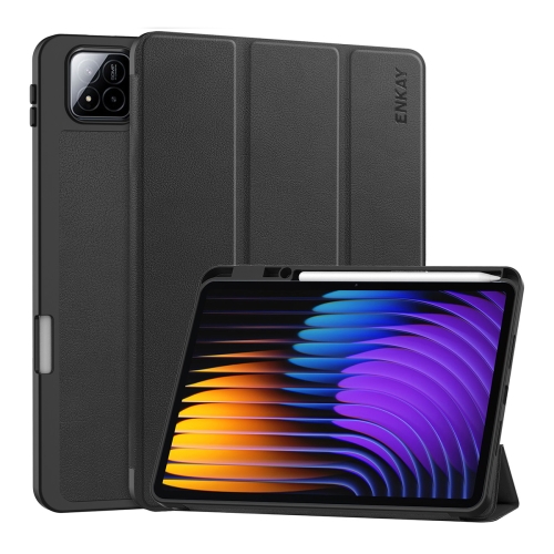 For Xiaomi Pad 7 / 7 Pro 11.2 ENKAY Tri-fold Custer Texture TPU Leather Smart Tablet Case with Pen Slot(Black)