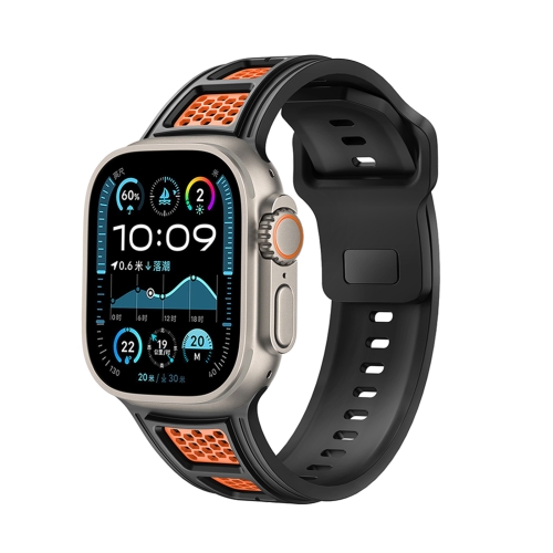 

For Apple Watch 46mm / 49mm / 45mm / 44mm Dual Color Mesh Reverse Buckle Silicone Watch Band(Black Orange)