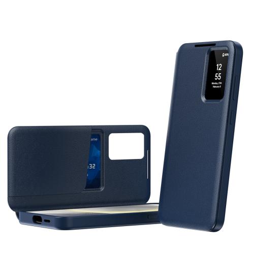 

For Samsung Galaxy S22 5G Smart View Window Leather Phone Case with Card Slot(Blue)