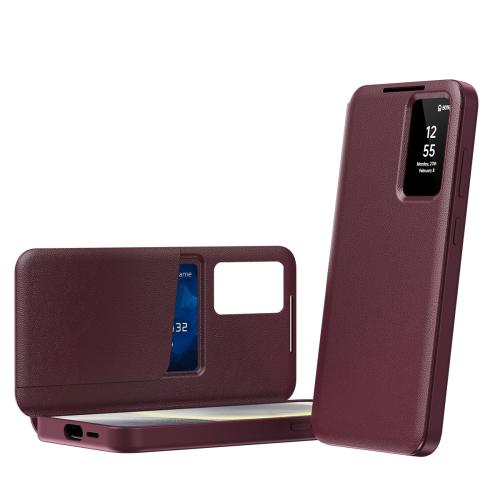 

For Samsung Galaxy S22 5G Smart View Window Leather Phone Case with Card Slot(Red)