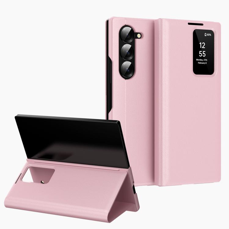 

For Samsung Galaxy Z Fold6 5G Smart View Window Leather Phone Case with Card Slot(Pink)