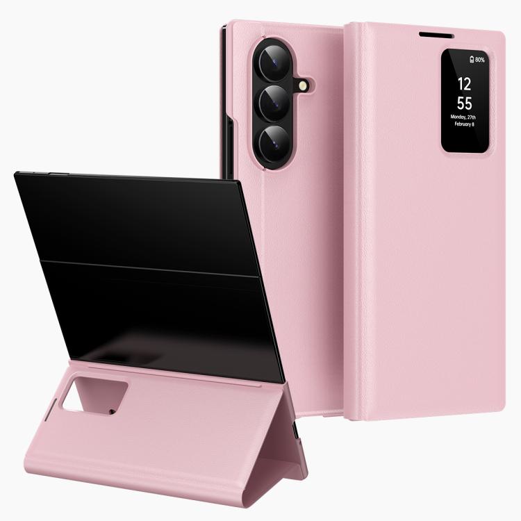 For Galaxy Z TriFold Smart View Window Leather Phone Case with Card Slot(Pink)