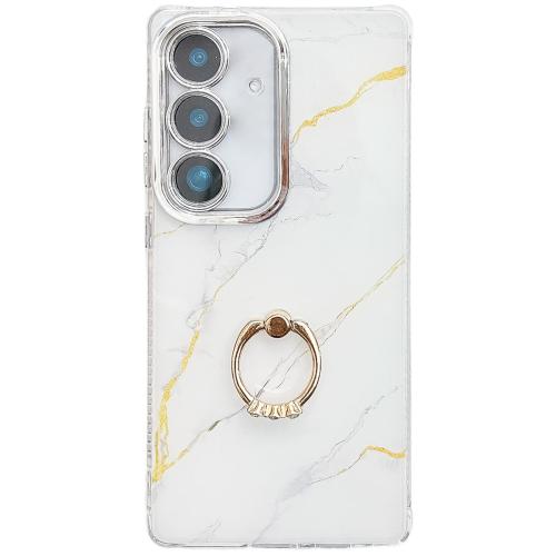 

For Samsung Galaxy S25 5G Electroplated Marble Texture Ring Holder Phone Case(Gold White S1)