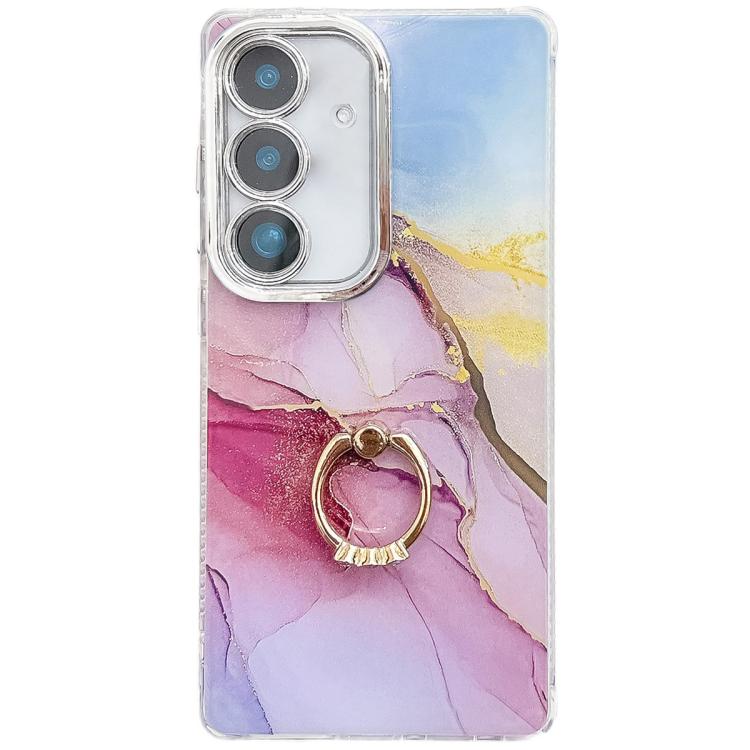

For Samsung Galaxy S25+ 5G Electroplated Marble Texture Ring Holder Phone Case(Gold Pink Red S12)
