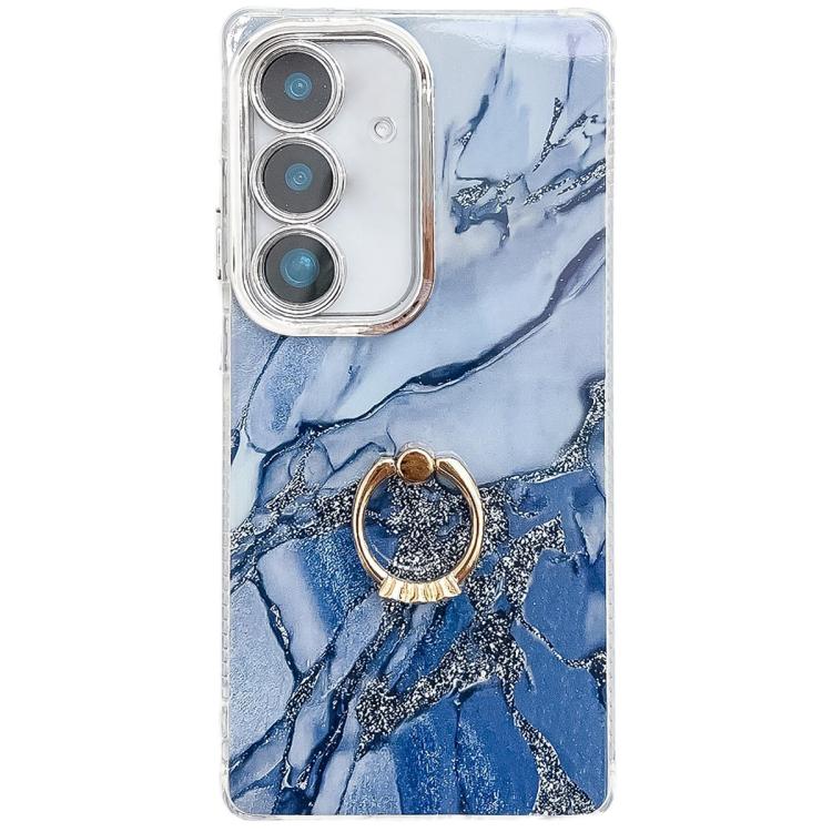 

For Samsung Galaxy S25+ 5G Electroplated Marble Texture Ring Holder Phone Case(Navy Blue S17)