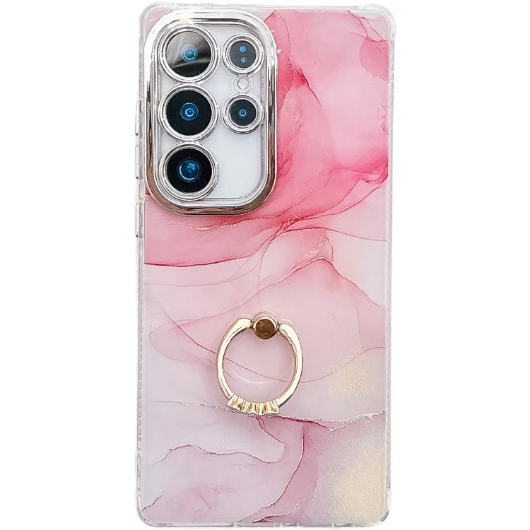 

For Samsung Galaxy S25 Ultra 5G Electroplated Marble Texture Ring Holder Phone Case(Pink S2)