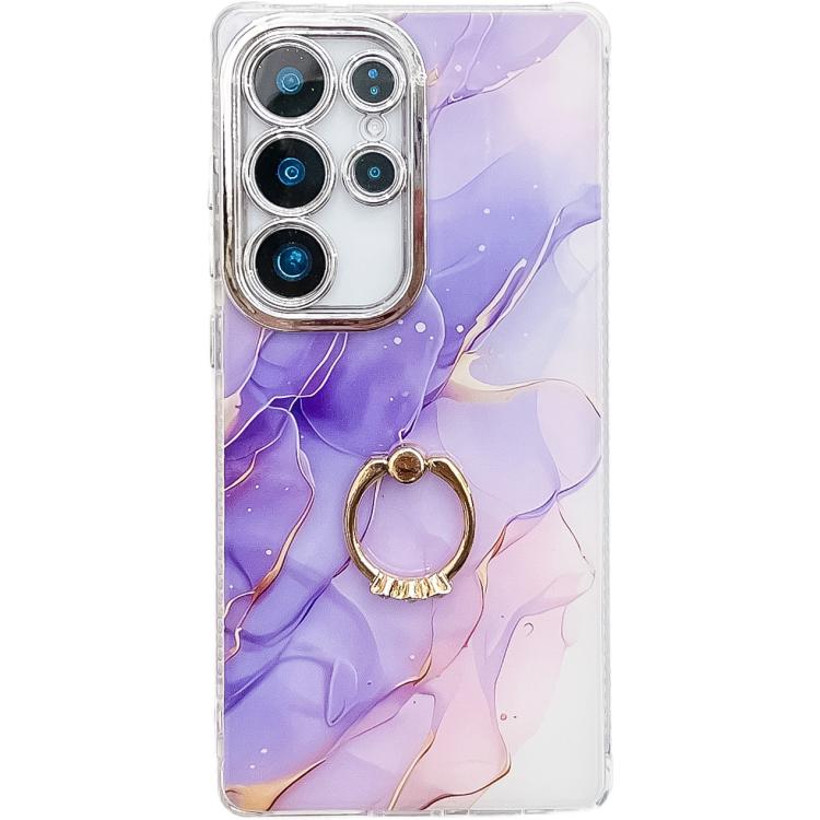 

For Samsung Galaxy S25 Ultra 5G Electroplated Marble Texture Ring Holder Phone Case(Purple S3)