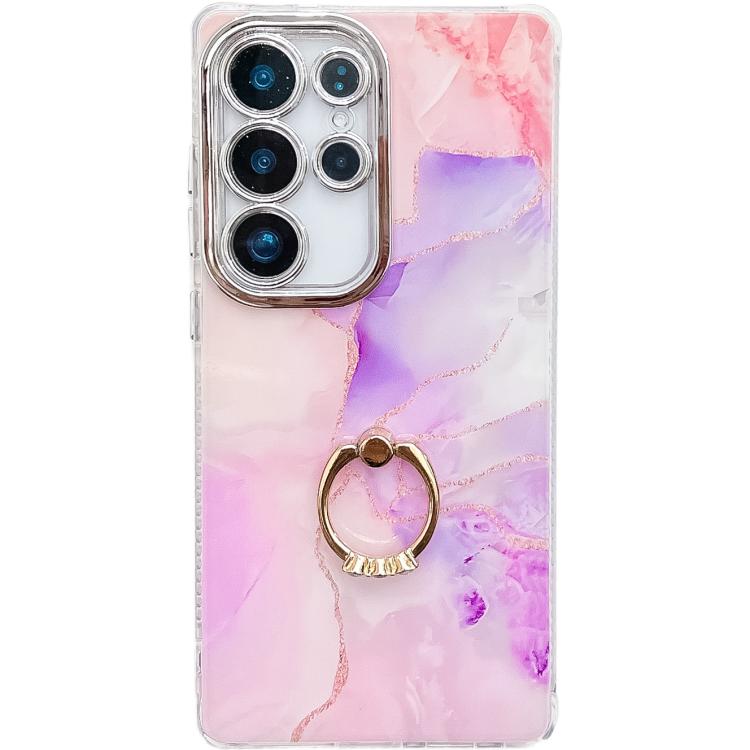 

For Samsung Galaxy S25 Ultra 5G Electroplated Marble Texture Ring Holder Phone Case(Pink Purple S4)