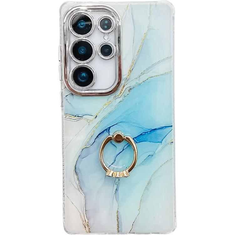 

For Samsung Galaxy S25 Ultra 5G Electroplated Marble Texture Ring Holder Phone Case(Light Blue S5)