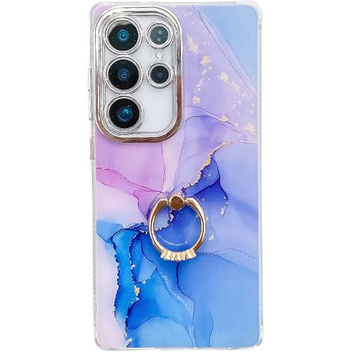 

For Samsung Galaxy S25 Ultra 5G Electroplated Marble Texture Ring Holder Phone Case(Purple Blue S18)