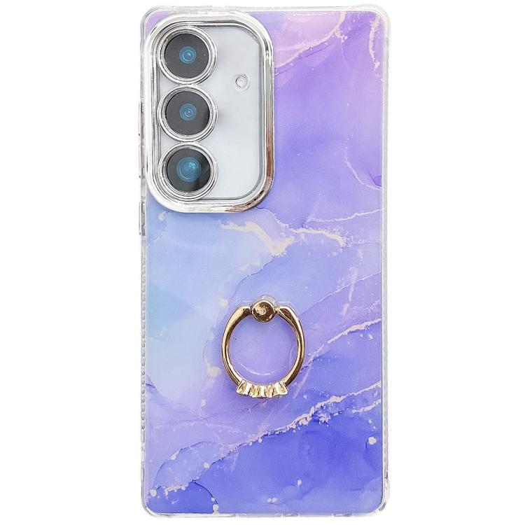 

For Samsung Galaxy S24 FE 5G Electroplated Marble Texture Ring Holder Phone Case(Blue Purple S10)