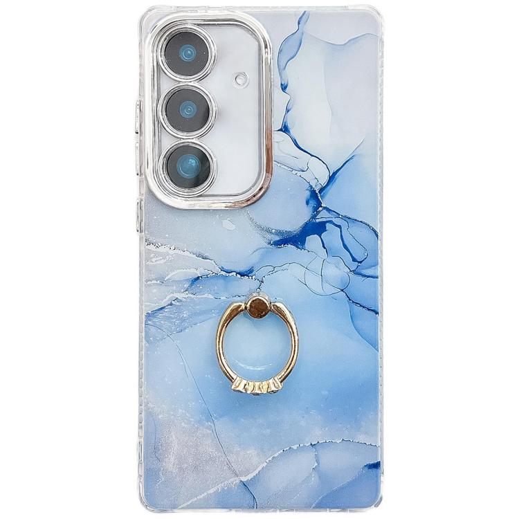 

For Samsung Galaxy S24 FE 5G Electroplated Marble Texture Ring Holder Phone Case(Blue S11)