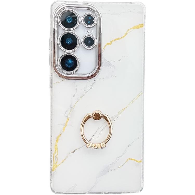 

For Samsung Galaxy S24 Ultra 5G Electroplated Marble Texture Ring Holder Phone Case(Gold White S1)