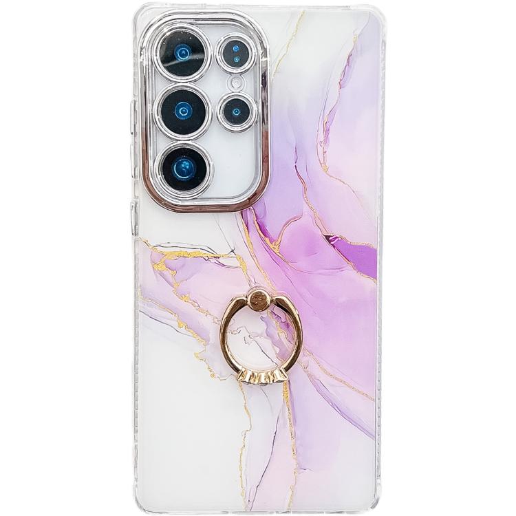

For Samsung Galaxy S24 Ultra 5G Electroplated Marble Texture Ring Holder Phone Case(Light Purple S6)