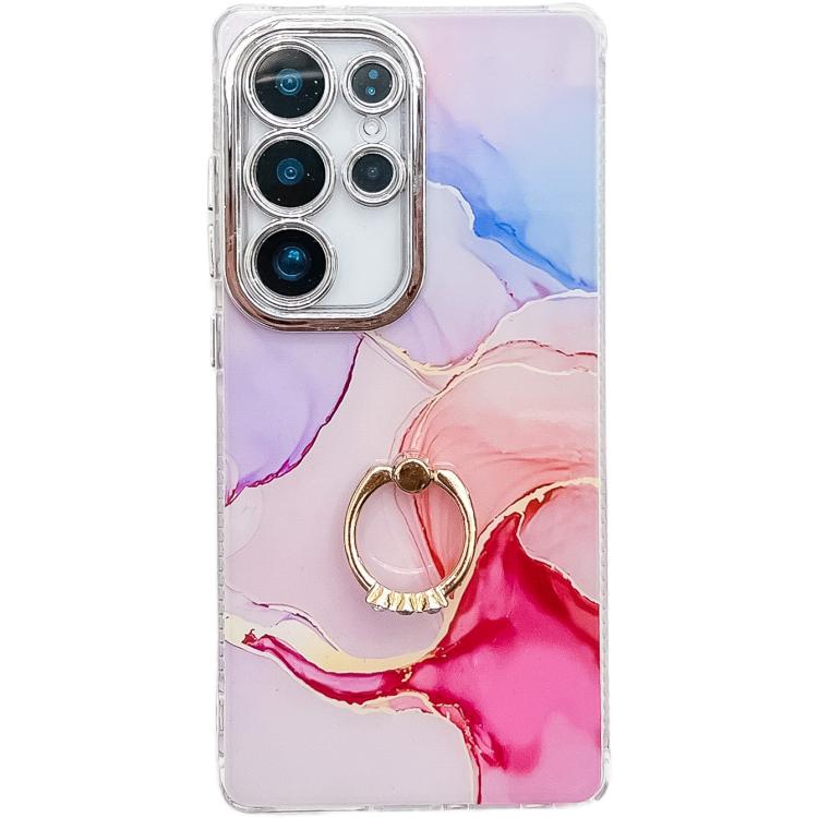 

For Samsung Galaxy S24 Ultra 5G Electroplated Marble Texture Ring Holder Phone Case(Red S7)