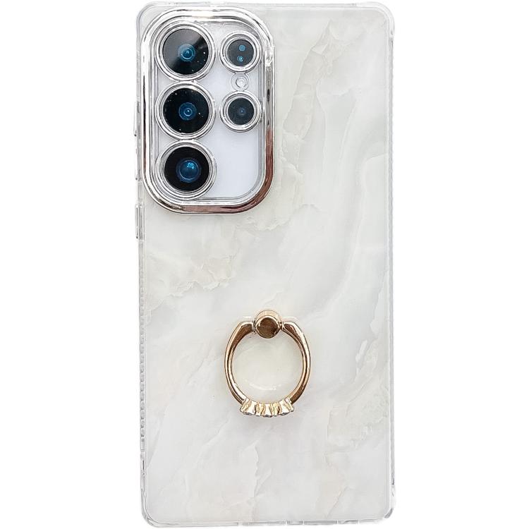 

For Samsung Galaxy S24 Ultra 5G Electroplated Marble Texture Ring Holder Phone Case(White S8)