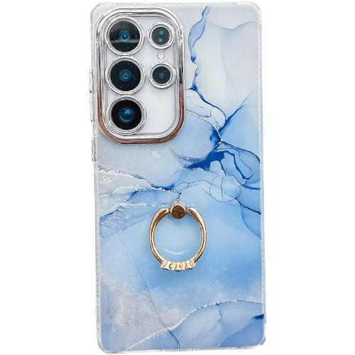 

For Samsung Galaxy S24 Ultra 5G Electroplated Marble Texture Ring Holder Phone Case(Blue S11)