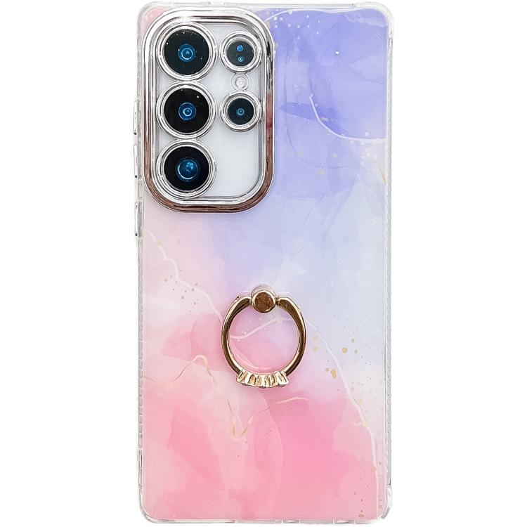 

For Samsung Galaxy S24 Ultra 5G Electroplated Marble Texture Ring Holder Phone Case(Purple Pink S14)