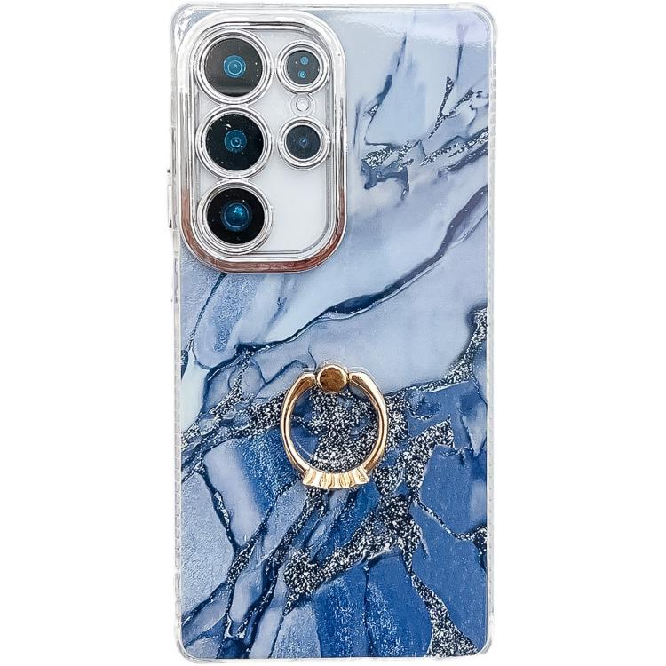 

For Samsung Galaxy S24 Ultra 5G Electroplated Marble Texture Ring Holder Phone Case(Navy Blue S17)