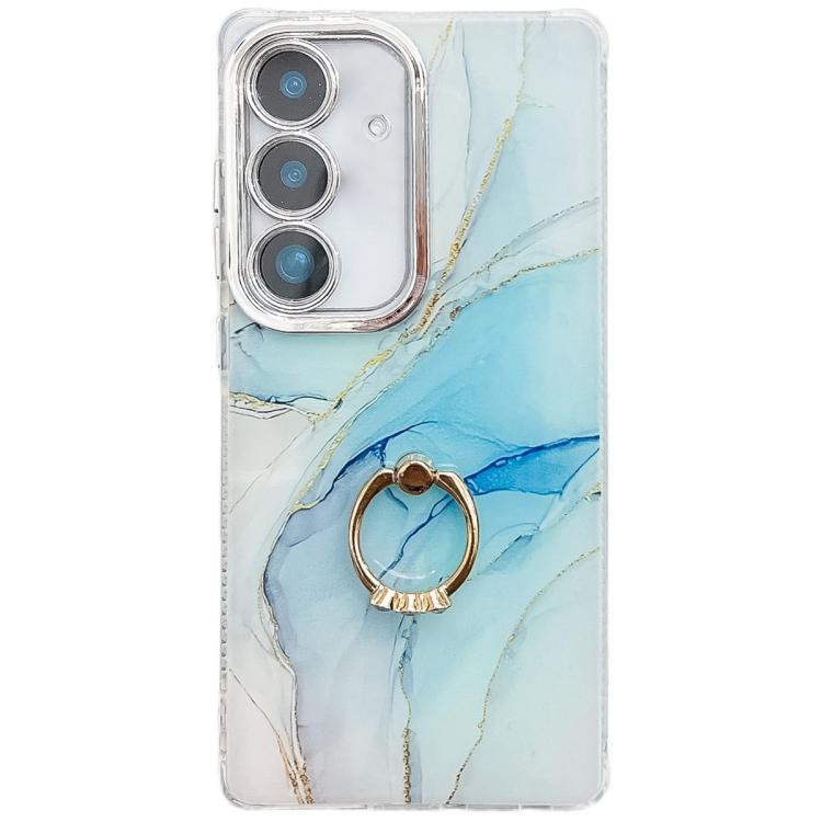 

For Samsung Galaxy S24+ 5G Electroplated Marble Texture Ring Holder Phone Case(Light Blue S5)