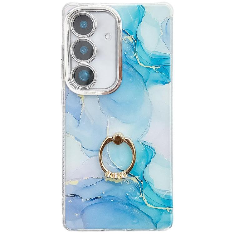 

For Samsung Galaxy S24 5G Electroplated Marble Texture Ring Holder Phone Case(Blue Green S9)