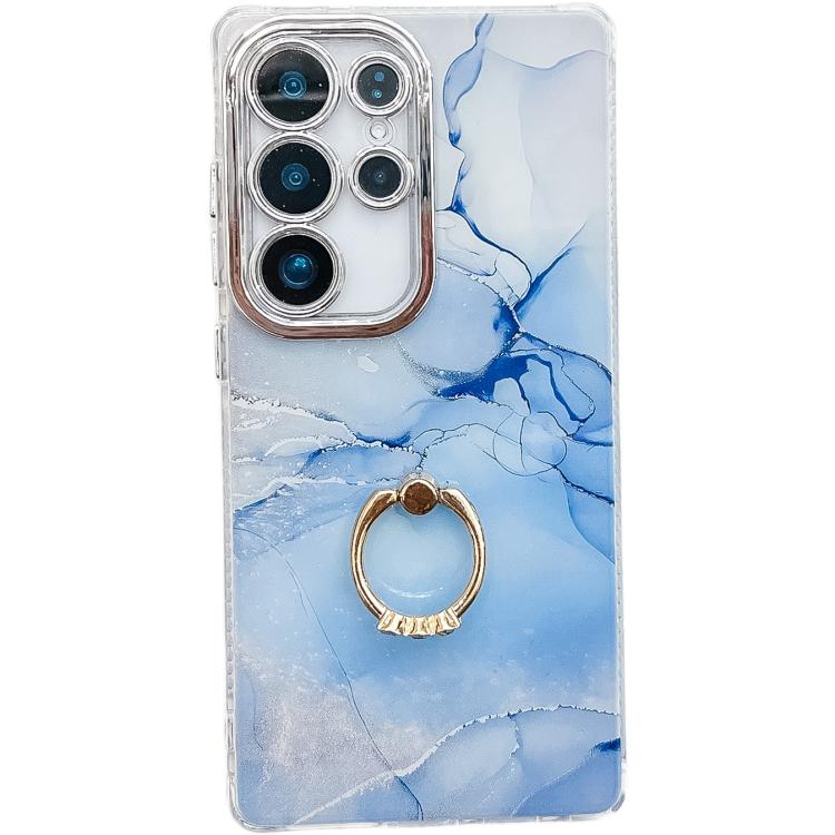 

For Samsung Galaxy S23 Ultra 5G Electroplated Marble Texture Ring Holder Phone Case(Blue S11)