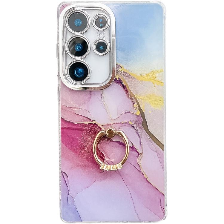 

For Samsung Galaxy S23 Ultra 5G Electroplated Marble Texture Ring Holder Phone Case(Gold Pink Red S12)