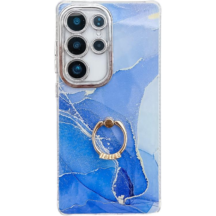 

For Samsung Galaxy S23 Ultra 5G Electroplated Marble Texture Ring Holder Phone Case(Dark Blue S16)