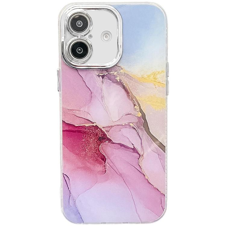 

For iPhone 16 Electroplated Marble Texture Phone Case(Gold Pink Red M12)