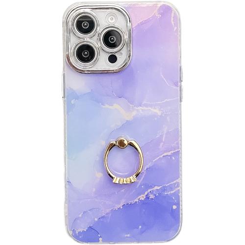 

For iPhone 16 Pro Max Electroplated Marble Texture Ring Holder Phone Case(Blue Purple S10)