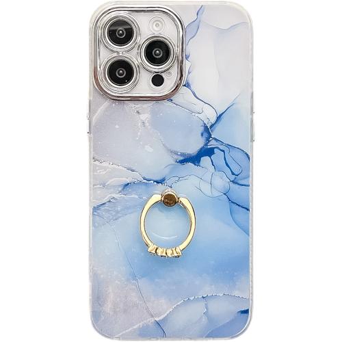 

For iPhone 16 Pro Max Electroplated Marble Texture Ring Holder Phone Case(Blue S11)