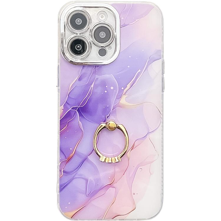 

For iPhone 16 Pro Electroplated Marble Texture Ring Holder Phone Case(Purple S3)