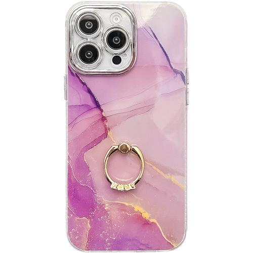 

For iPhone 16 Pro Electroplated Marble Texture Ring Holder Phone Case(Gold Purple Red S15)