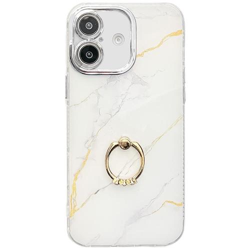 

For iPhone 16 Plus Electroplated Marble Texture Ring Holder Phone Case(Gold White S1)