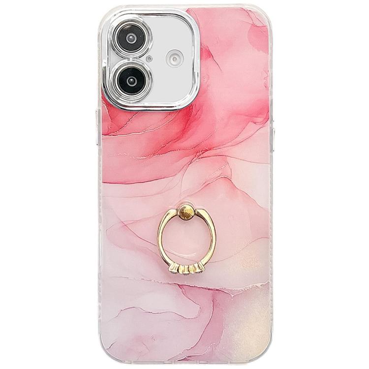 

For iPhone 16 Plus Electroplated Marble Texture Ring Holder Phone Case(Pink S2)