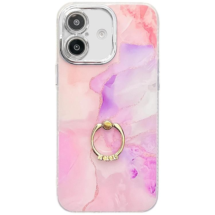 

For iPhone 16 Plus Electroplated Marble Texture Ring Holder Phone Case(Pink Purple S4)