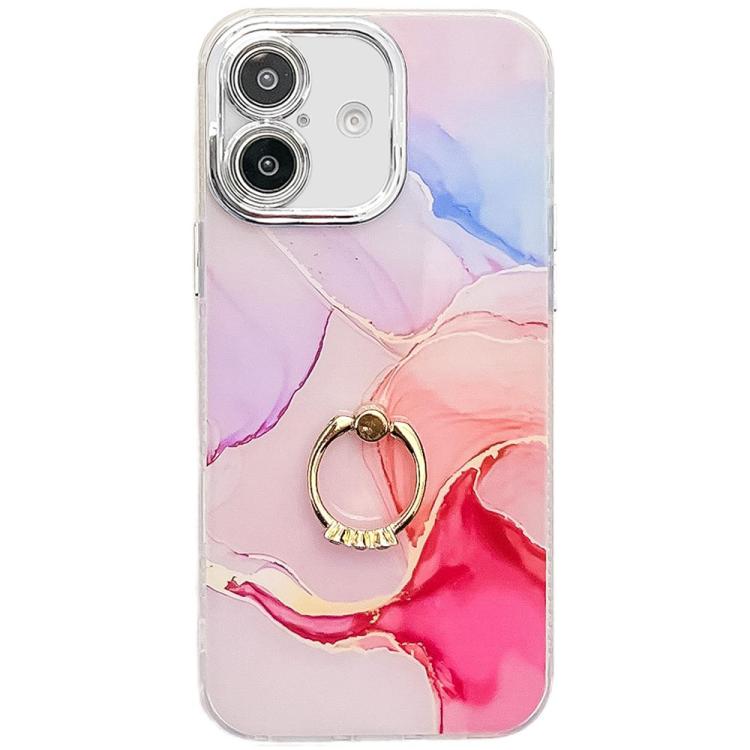 

For iPhone 16 Plus Electroplated Marble Texture Ring Holder Phone Case(Red S7)