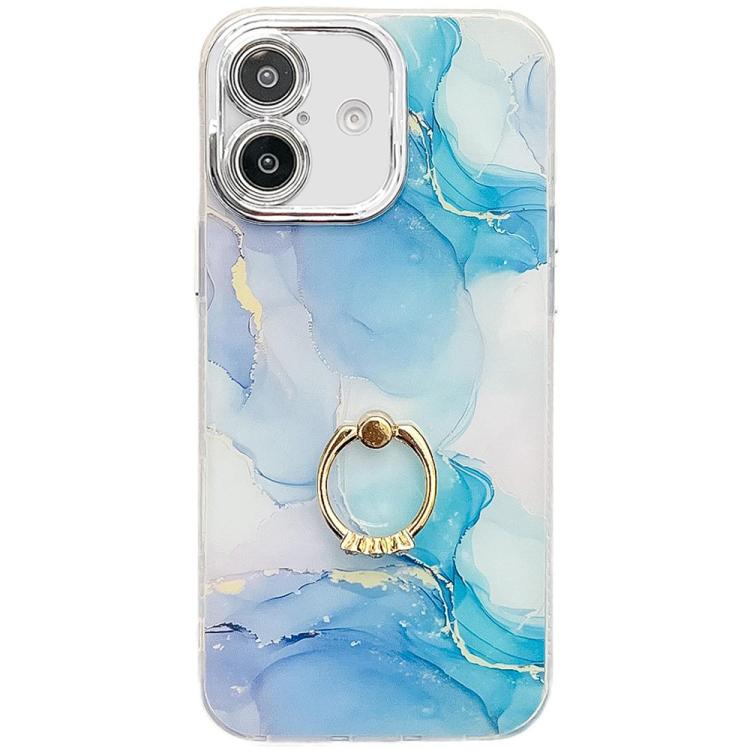 

For iPhone 16 Plus Electroplated Marble Texture Ring Holder Phone Case(Blue Green S9)