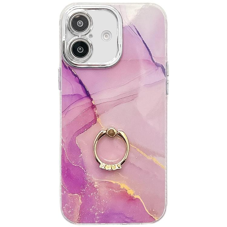 

For iPhone 16 Plus Electroplated Marble Texture Ring Holder Phone Case(Gold Purple Red S15)