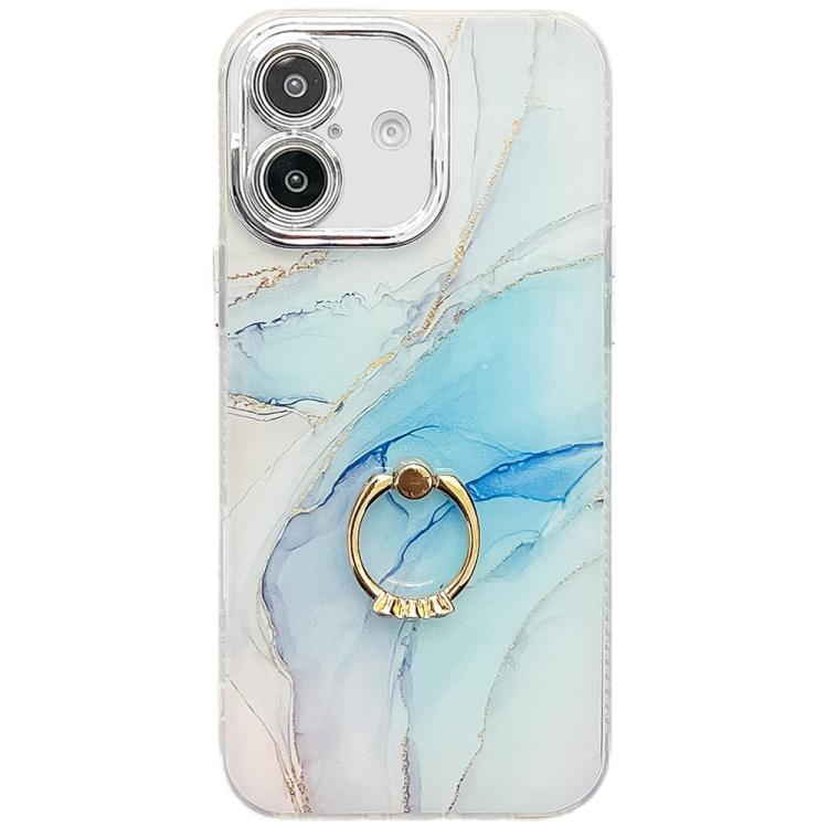 

For iPhone 16 Electroplated Marble Texture Ring Holder Phone Case(Light Blue S5)