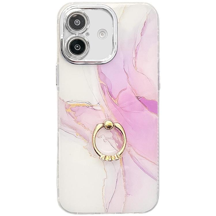 

For iPhone 16 Electroplated Marble Texture Ring Holder Phone Case(Light Purple S6)