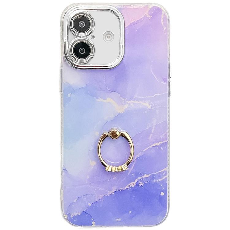 

For iPhone 16 Electroplated Marble Texture Ring Holder Phone Case(Blue Purple S10)
