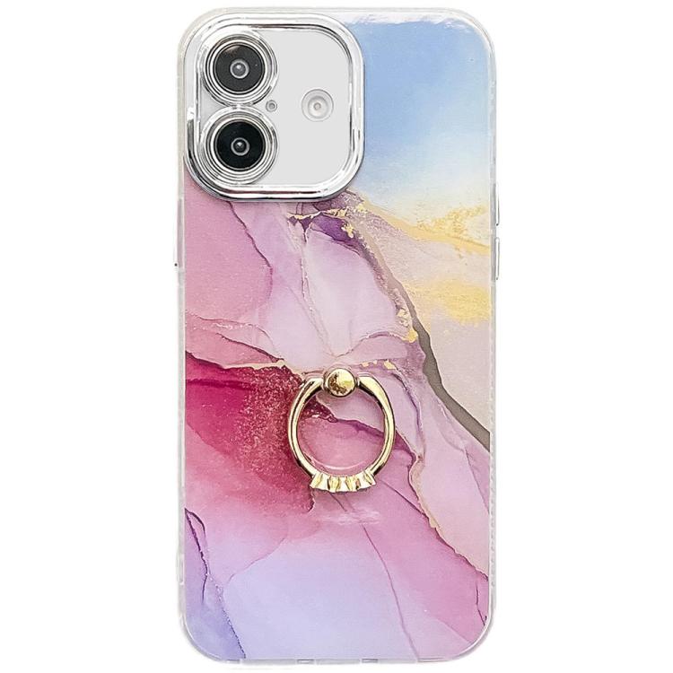 

For iPhone 16 Electroplated Marble Texture Ring Holder Phone Case(Gold Pink Red S12)