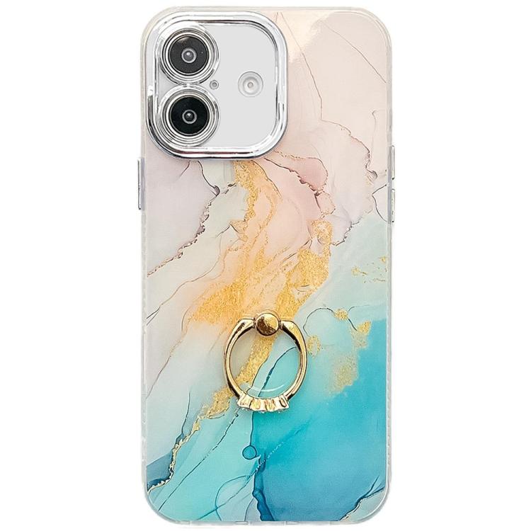 

For iPhone 16 Electroplated Marble Texture Ring Holder Phone Case(Yellow Green S13)