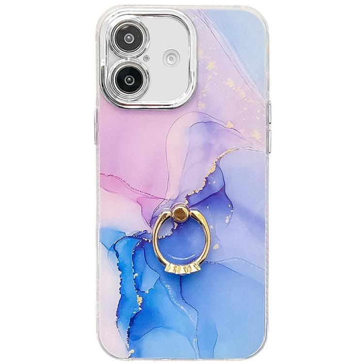 

For iPhone 16 Electroplated Marble Texture Ring Holder Phone Case(Purple Blue S18)