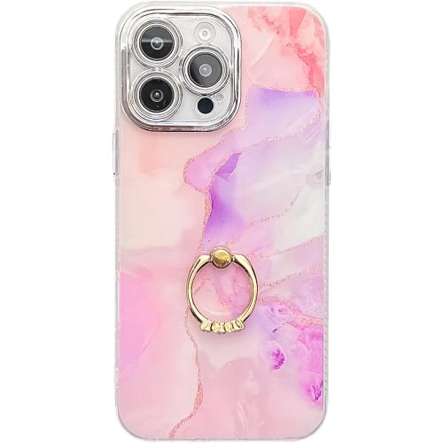 

For iPhone 15 Pro Max Electroplated Marble Texture Ring Holder Phone Case(Pink Purple S4)