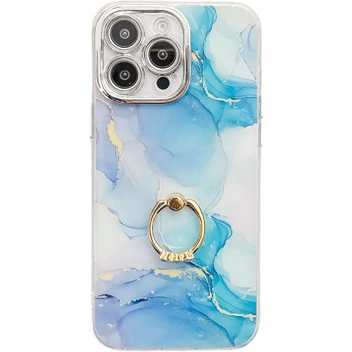 

For iPhone 15 Pro Max Electroplated Marble Texture Ring Holder Phone Case(Blue Green S9)