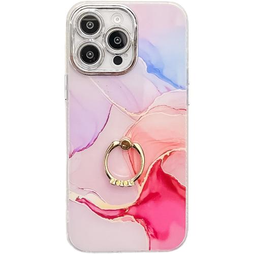 

For iPhone 15 Pro Electroplated Marble Texture Ring Holder Phone Case(Red S7)