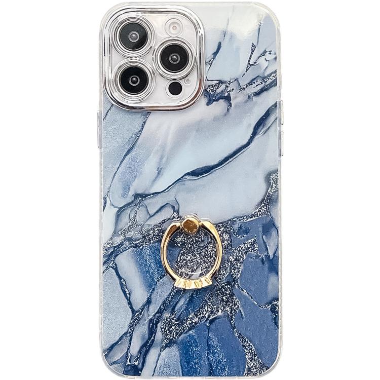 

For iPhone 15 Pro Electroplated Marble Texture Ring Holder Phone Case(Navy Blue S17)