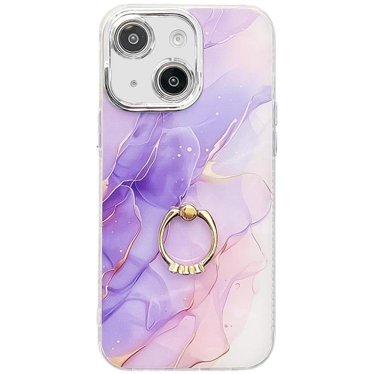 

For iPhone 15 Electroplated Marble Texture Ring Holder Phone Case(Purple S3)